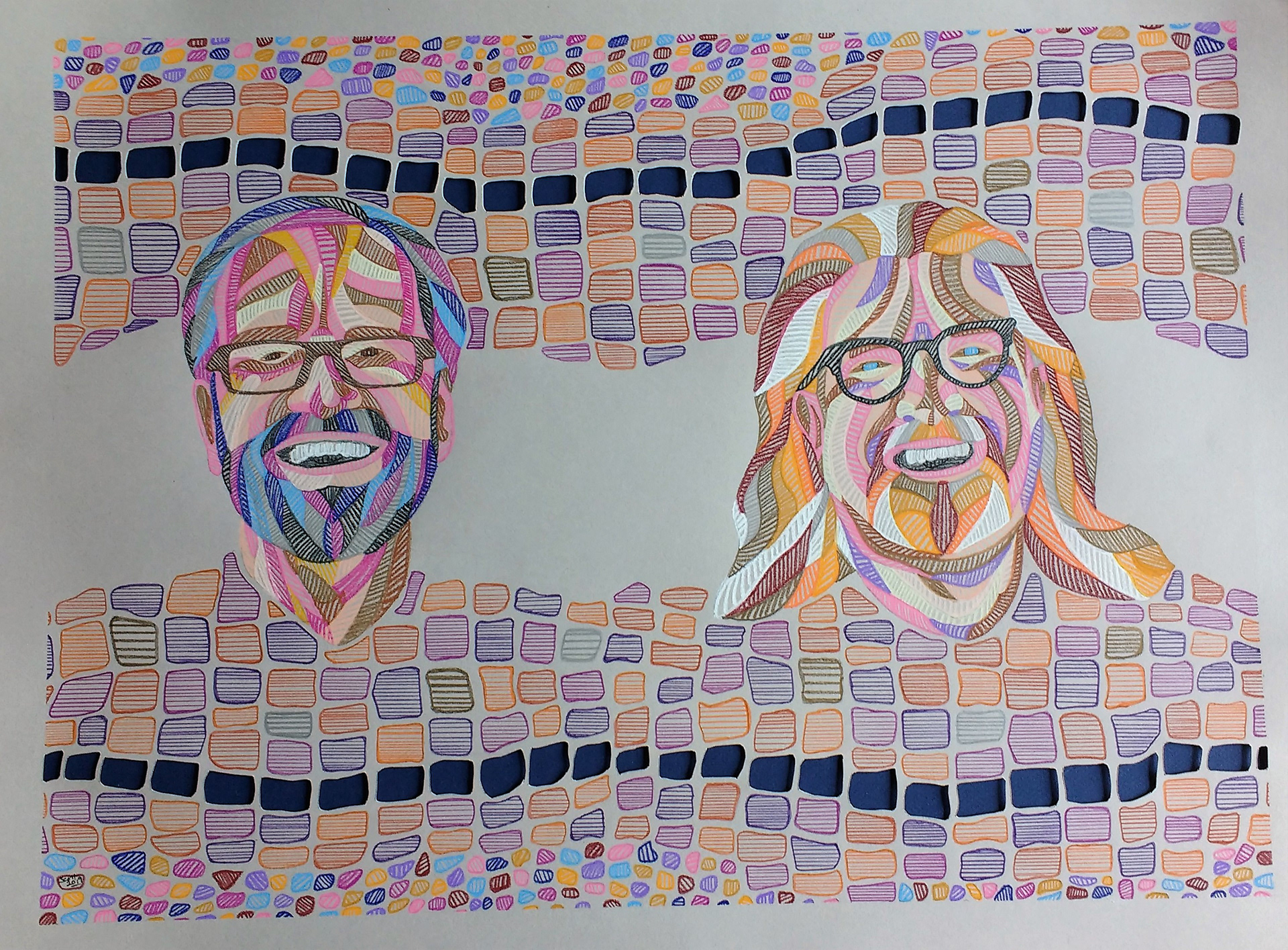 "Us"  24"W x 18"H, colored pencil with cut-outs