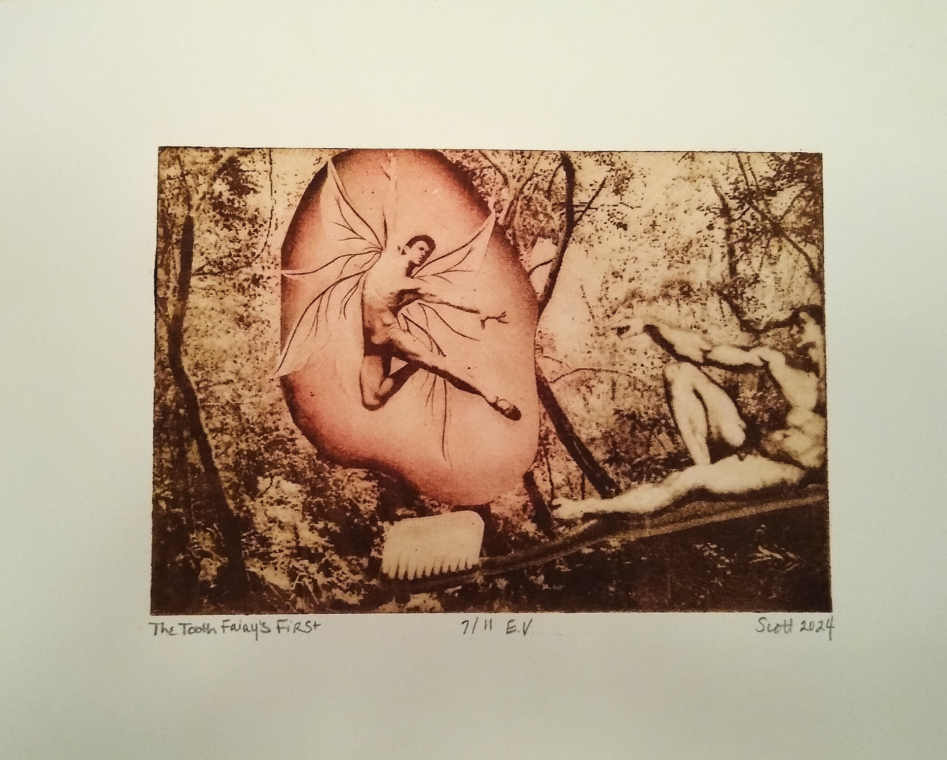 "The Tooth Fairy's First" 11"W x 8"H, aquatint with poupee