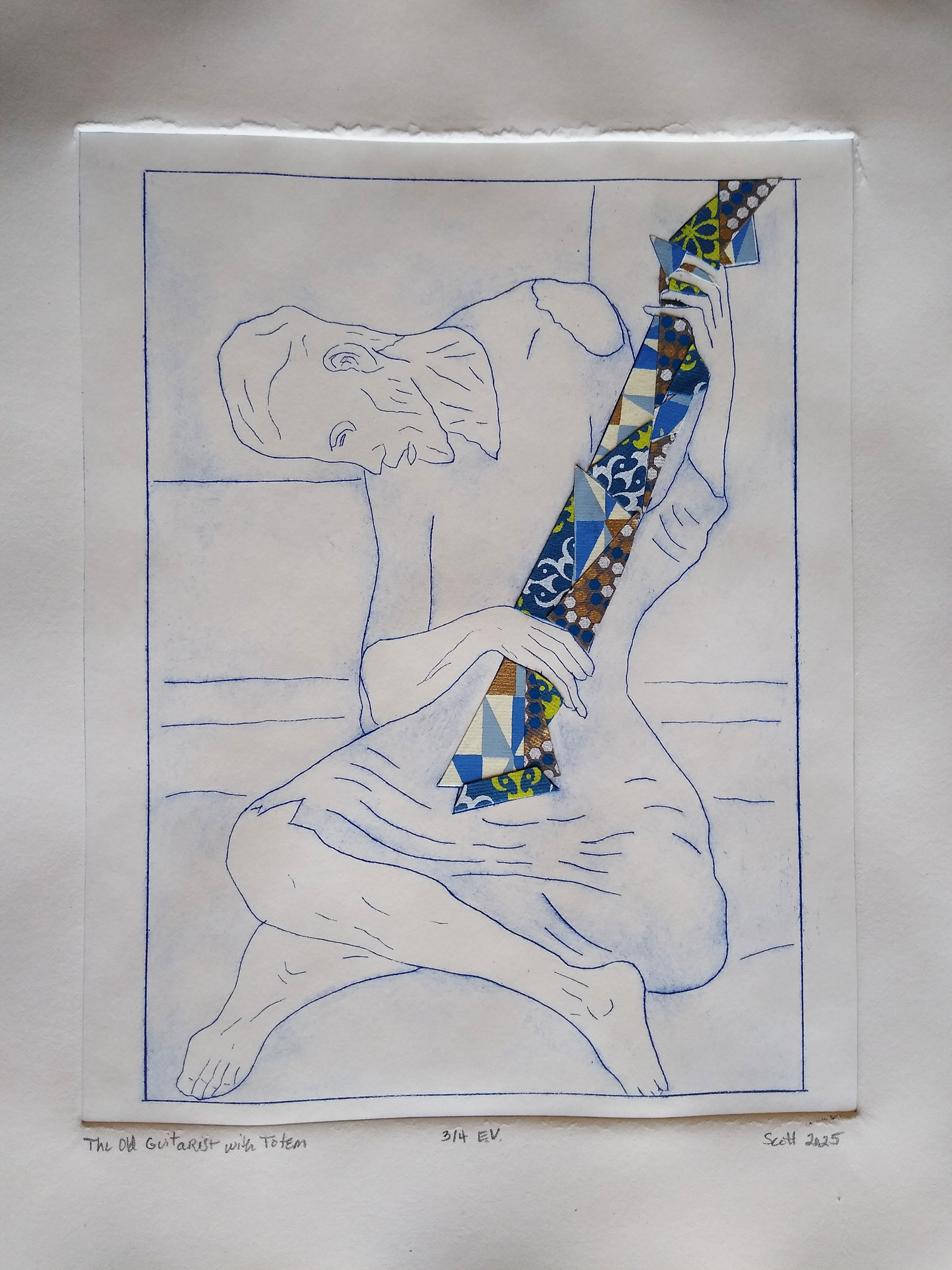 "The Old Guitarist with Totem" 12"W x 16"H, etching with collage