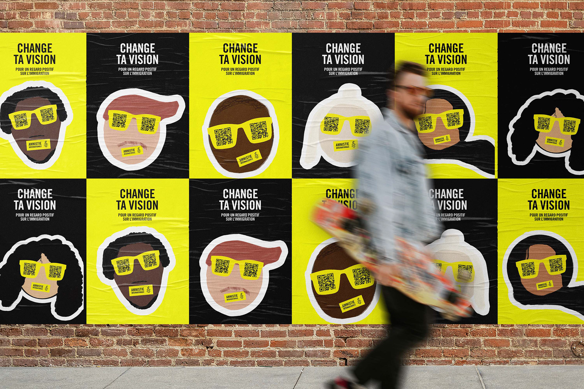The character illustrations served as the visual anchor for city-wide posters, featuring interactive QR codes integrated into their yellow sunglasses.
