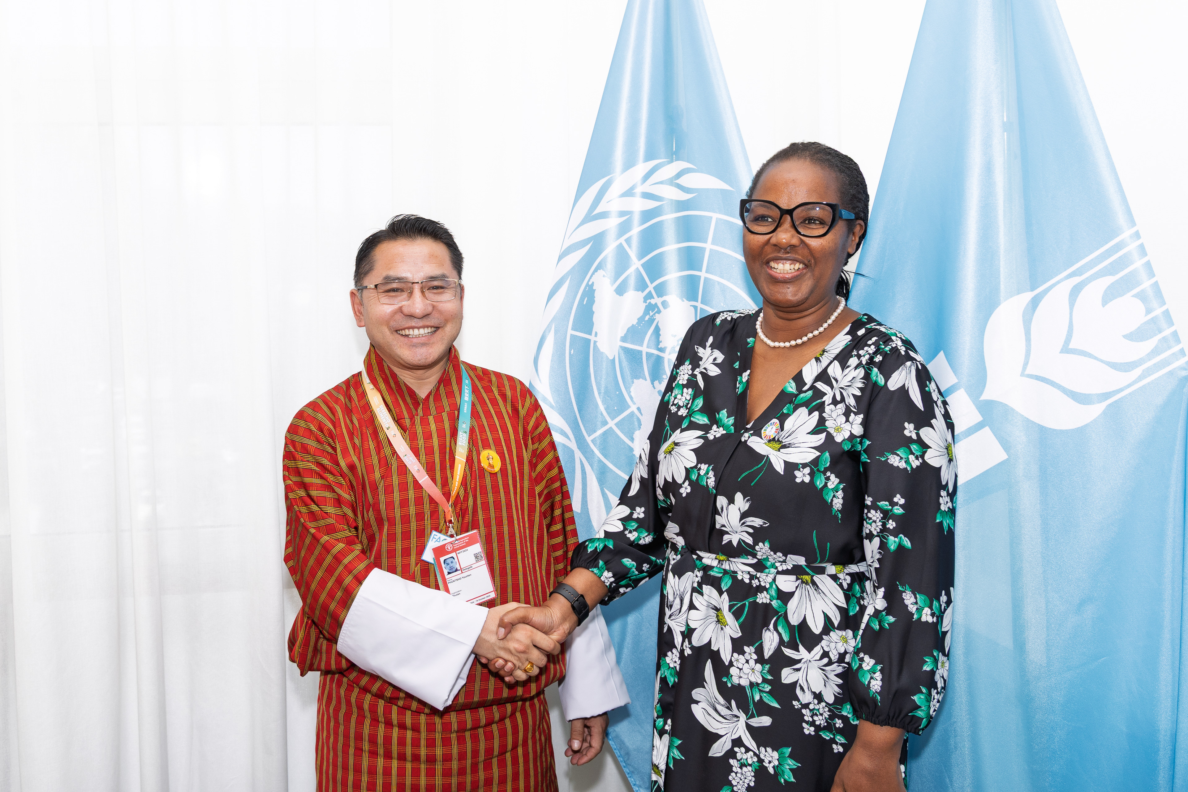 His Excellency Younten Phuntsho, Minister of Agriculture and Livestock of the Kingdom of Bhutan, and Vice-President Mukeshimana at World Food Forum - Oct. 2024