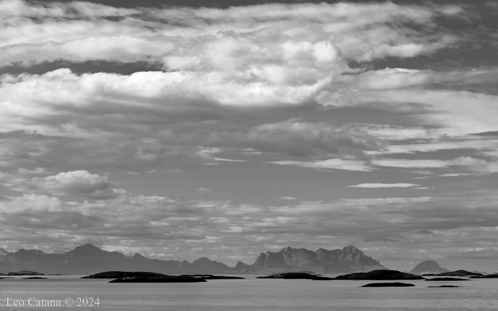 Unity. Archipelago between Lofoten and Bodø, the northern part of Norway.. Black and white landscape photograph..