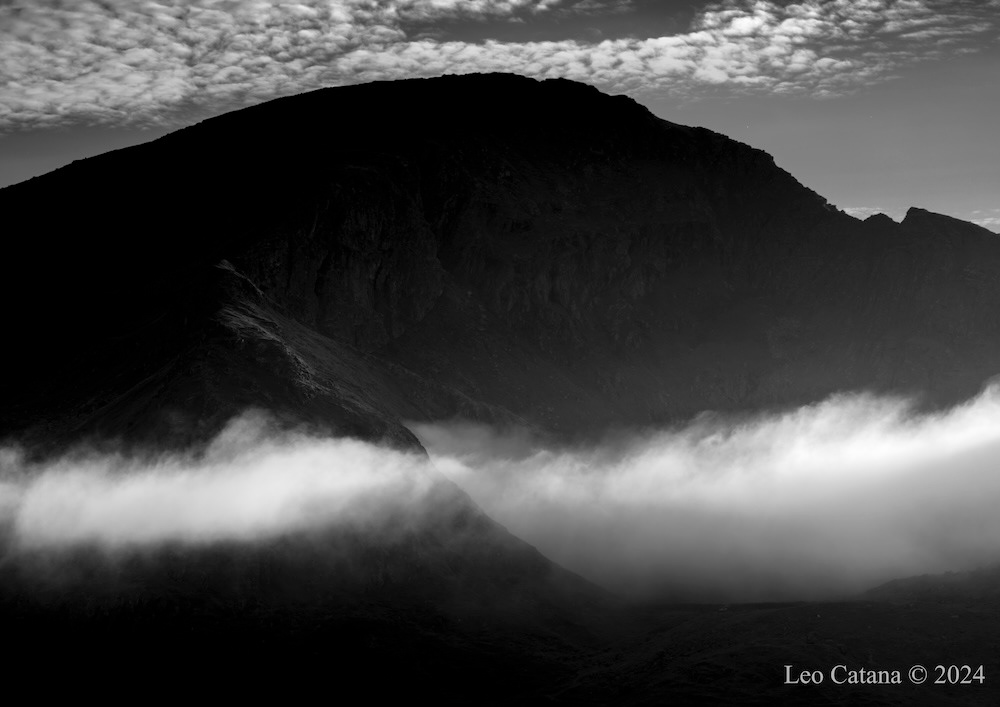 Mountain and clouds in black and white. Fredvang, Lofoten, Norway.