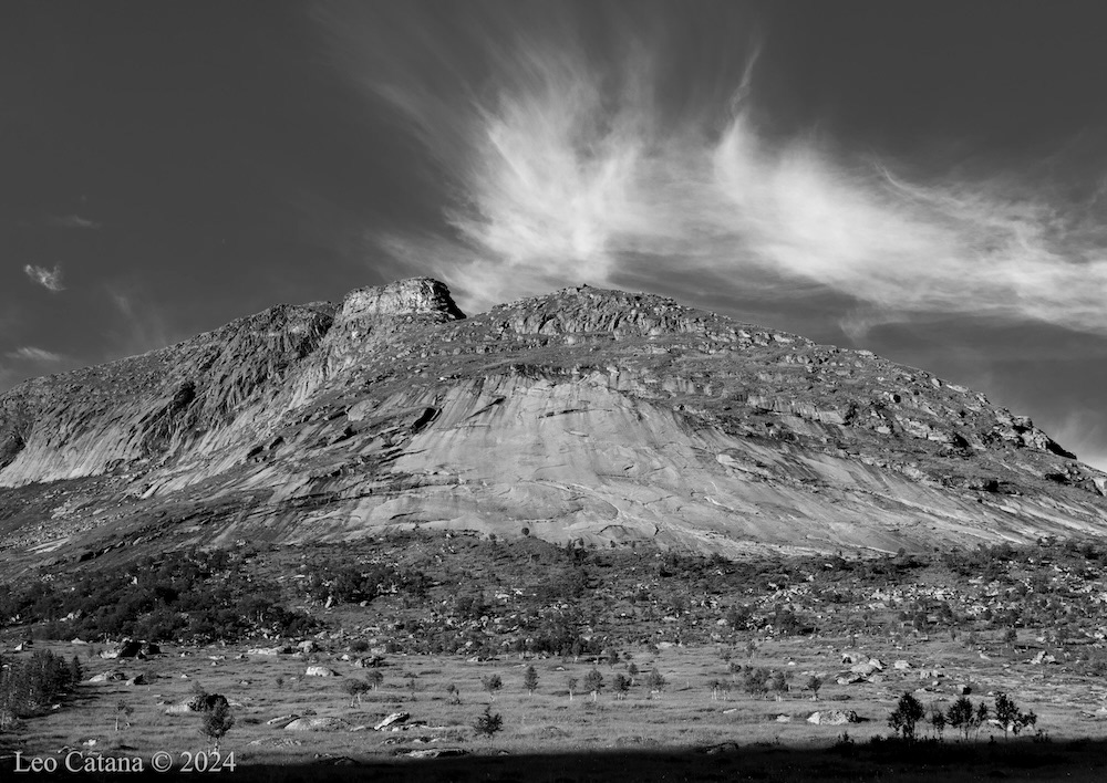Mountain and clouds, Selfjord, Lofoten. Black and white landscape photography.