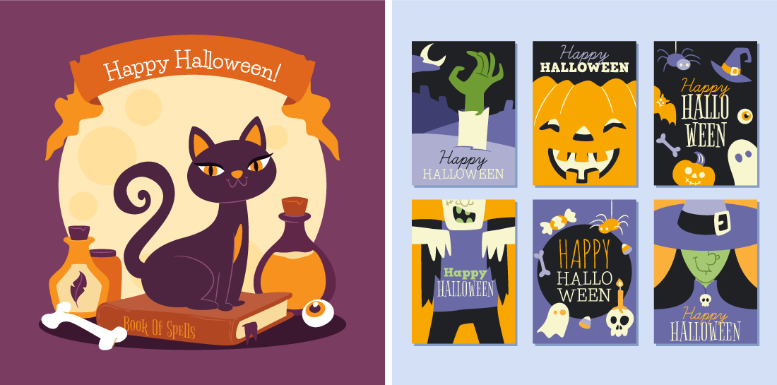 Illustrations for Halloween: a black cat sitting on a book of spells. Next to it, a set of greeting cards with Halloween imagery: zombies, pumpkins, witches, spiders.