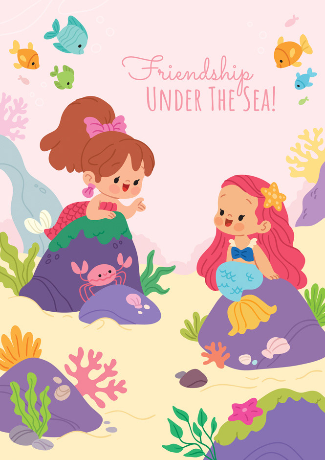 Children's illustration of two mermaids sitting on rocks in the ocean, surrounded by fish