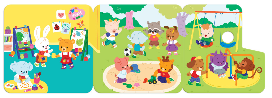 Toddler board book digital illustration by Teodora Oprea featuring animal characters playing at school
