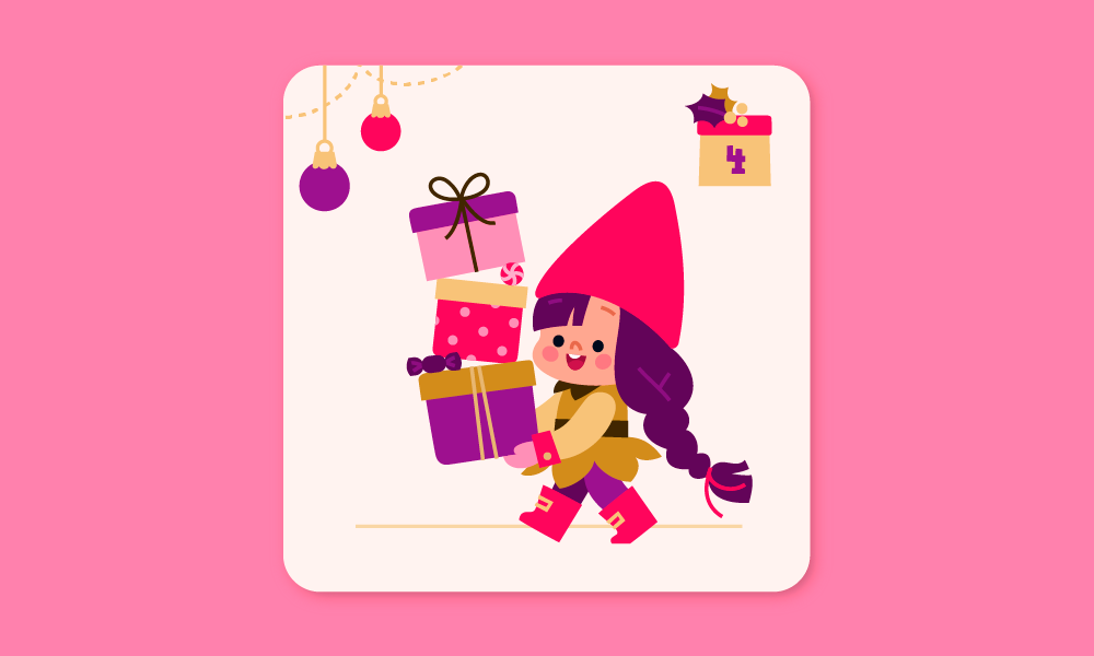 Digital colorful illustration of a cute, happy, cheerful elf girl carrying Christmas presents