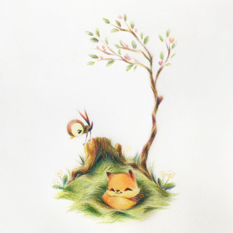 A color pencil drawing of a cute, tiny fox sleeping in the grass, with a little bird watching her