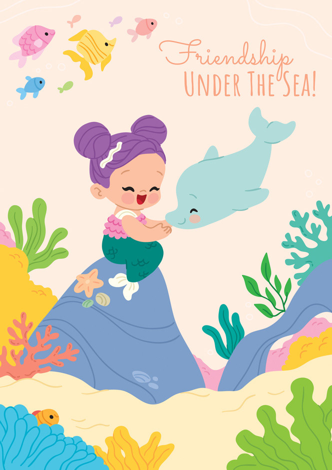 Illustrated mermaid playing with dolphin under the sea
