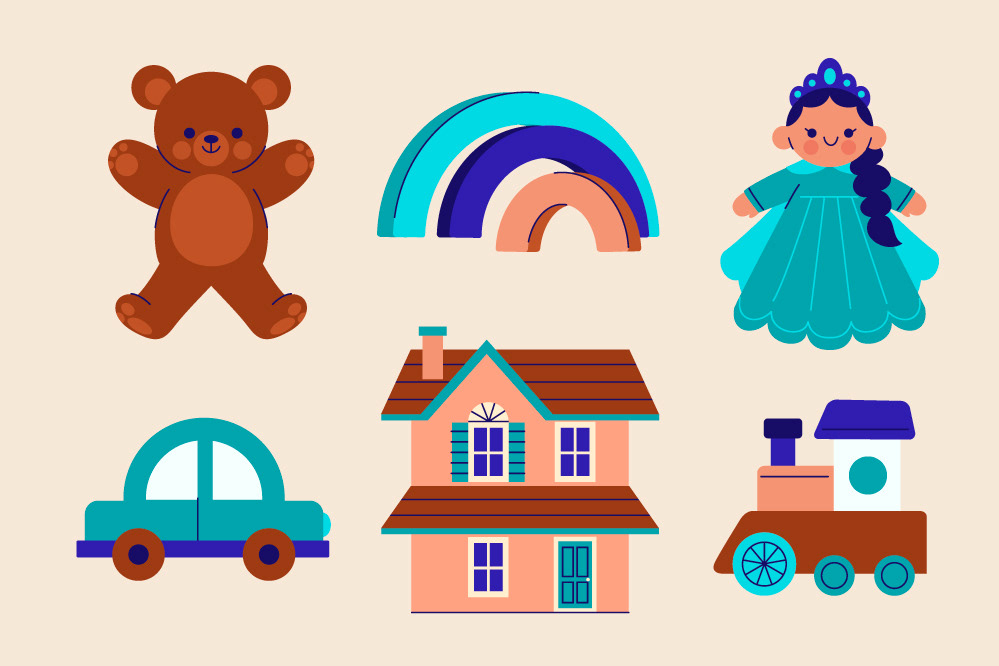Illustrated Christmas toys: a teddy bear, a princess doll, a car, a doll house, a rainbow and a locomotive