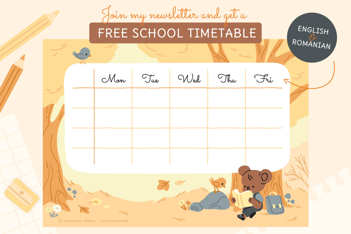 Illustrated school timetable featuring an adorable little bear reading in an autumn forest