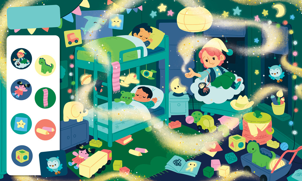 Children's illustration of a boys' bedroom, with twins sleeping and the Sandman visiting them and spreading magic sand dust