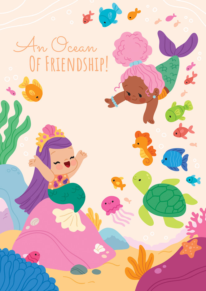 Illustration of two mermaid friends surrounded by marine creatures.