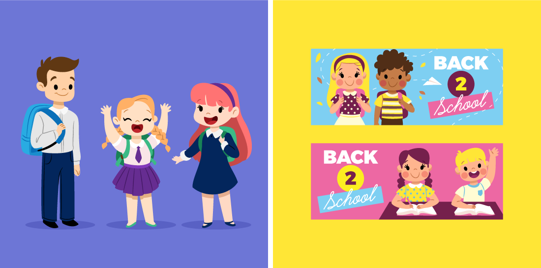 "Back to school" banners with happy children and character designs of cheerful kids going to school 