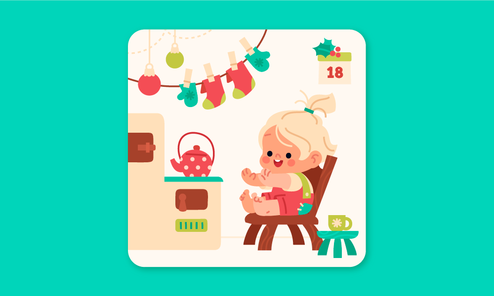 An illustration showing an adorable happy little girl warming up her hands and feet near a stove, with socks and mittens hung up to dry