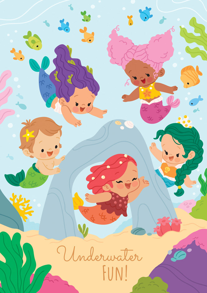 Kids' illustration of a group of cute mermaids swimming underwater, surrounded by colorful fish