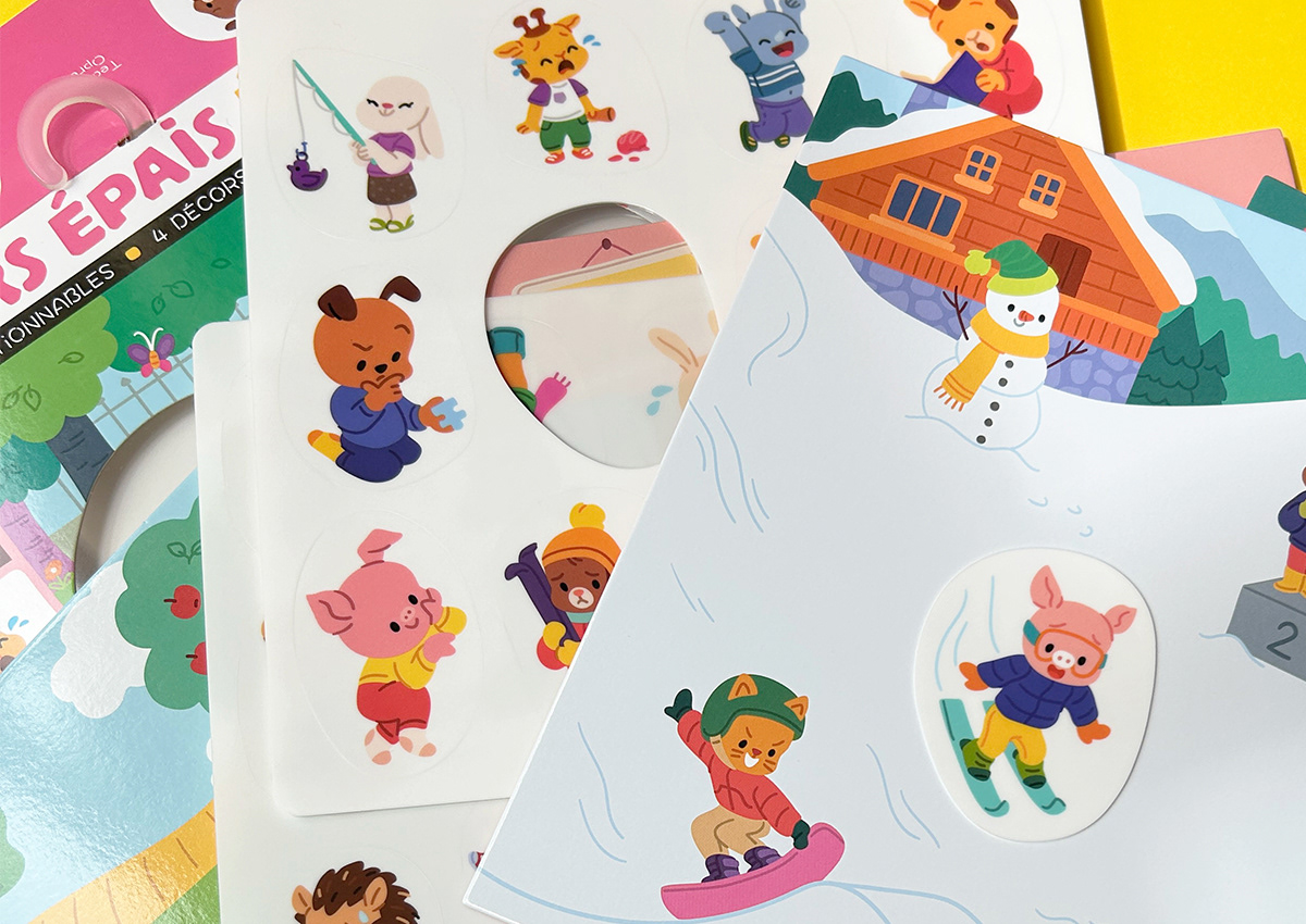 Close-up of illustrated kids' stickers showing cute animal characters expressing emotions like being scared, thinking, relaxing, being happy and excited
