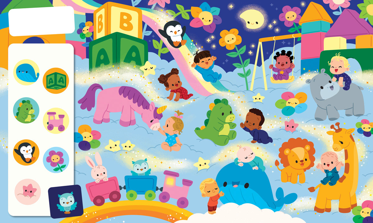 Cute illustration of children characters in a wonderland of toys and plushies. There's a unicorn, penguin, whale, giraffe, dino and lots of kids