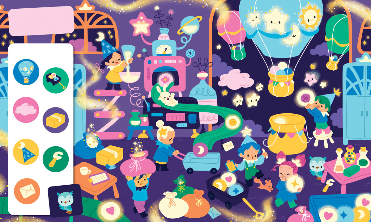 Illustration of a dream factory in a fantasy world with children operating magic machines and creating dream orbs