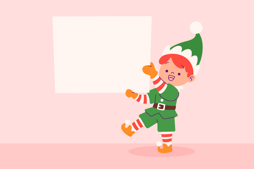 Illustration of a Christmas elf holding a blank banner