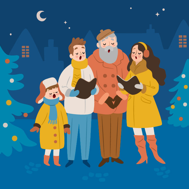 Vector Illustration of a group of Christmas carolers in a town