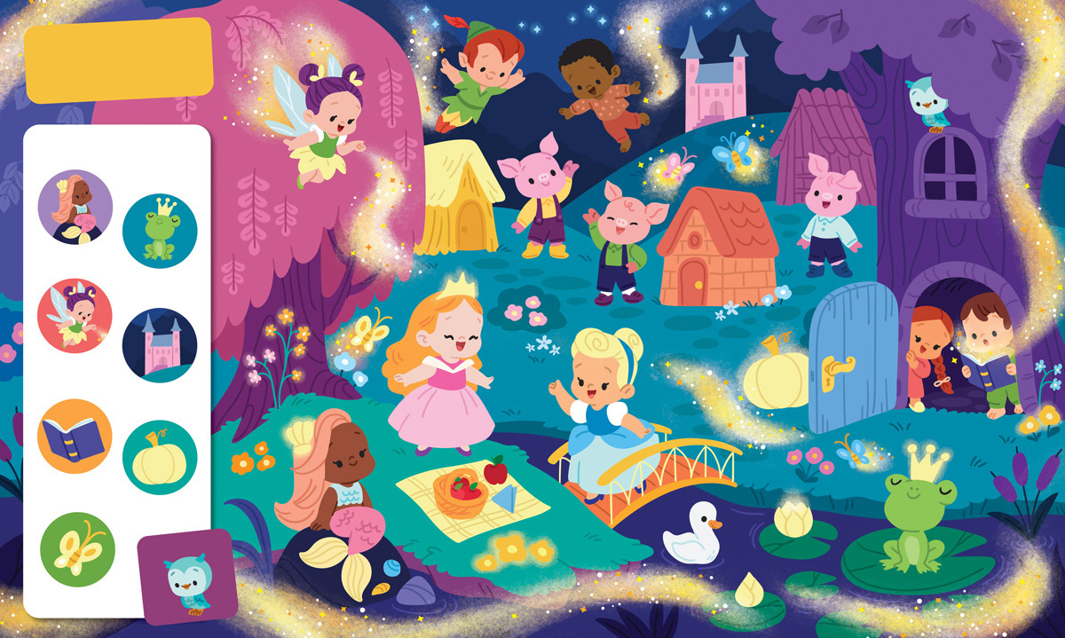 Illustration of two kids entering the world of stories , filles with fairytale characters: Peter Pan, Cinderella, the three little pigs, fairies and mermaids.