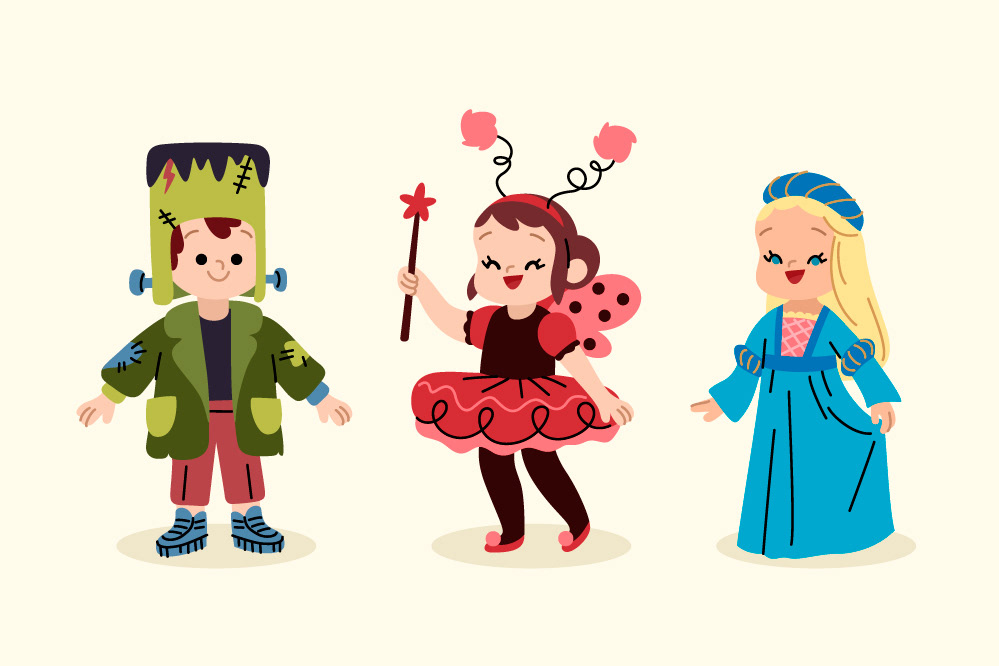 Children in Halloween costumes: Frankenstein and princesses.