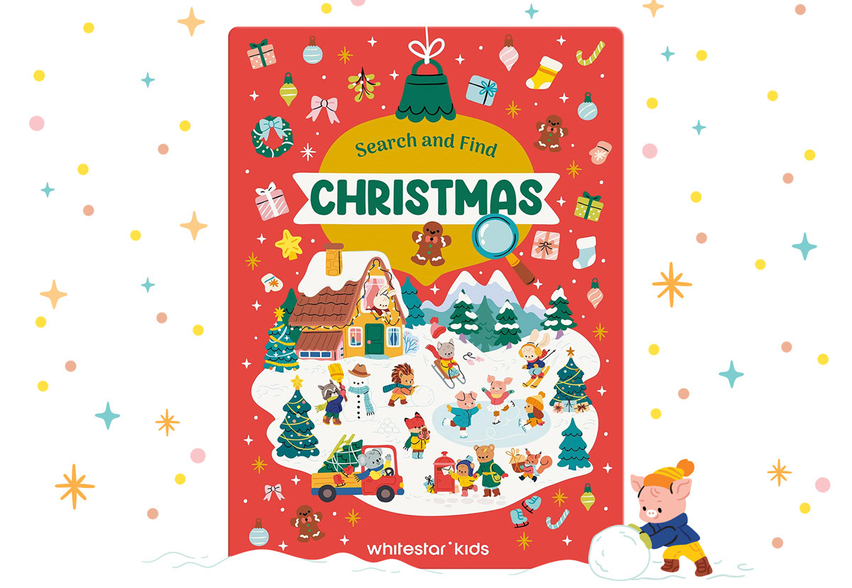 Illustrated cover for children' activity board book about Christmas