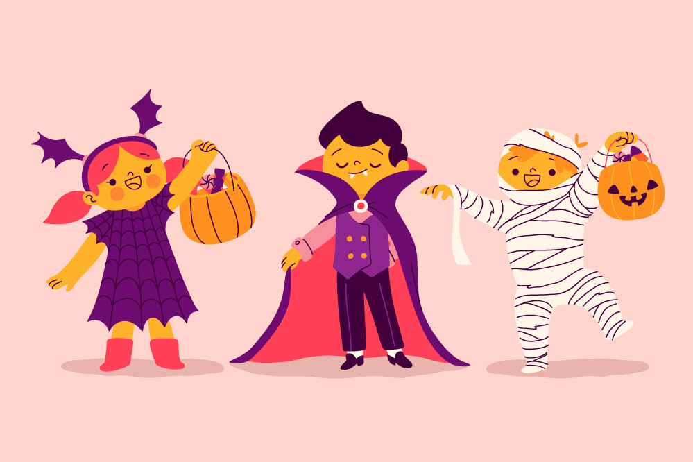 Kids dressed-up as Halloween characters: vampire, mummy, spider