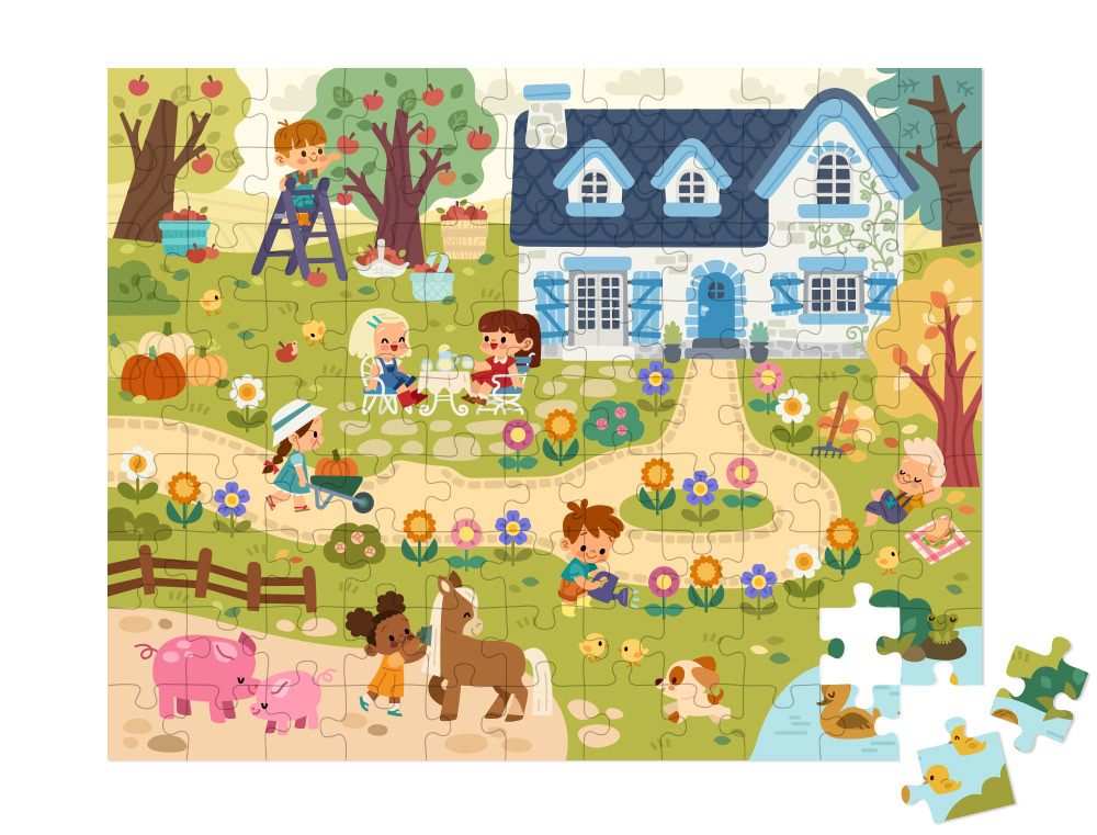 A children's puzzle, illustrating an autumn day at a farm, with cute, happy kids and animals