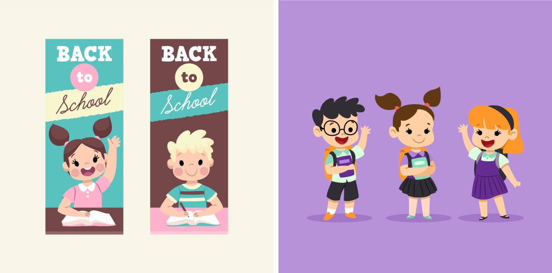 "Back to school" banners with happy children and character designs of cheerful kids going to school 