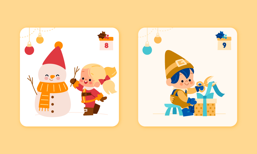 Two colorful drawings of adorable and happy Christmas elves making a snowman and preparing gifts