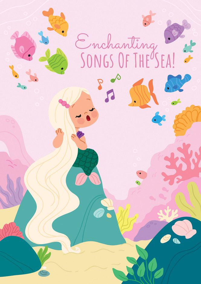 Children's illustration of a mermaid singing to her fish friends.