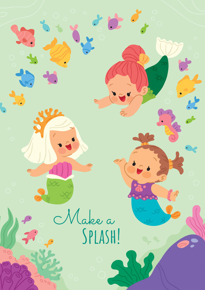 Digital illustration of a group of mermaids playing underwater
