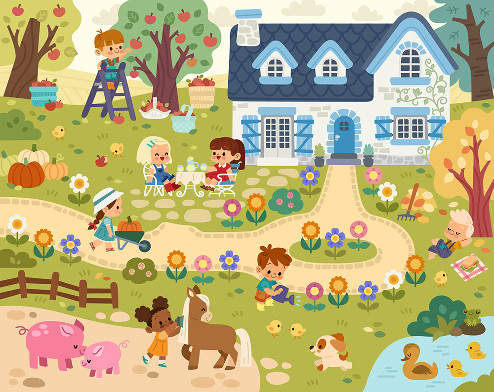 A colorful children's illustration showing a day at a farm, with a cottage, green grass, apple trees, pumpkins, children and animals