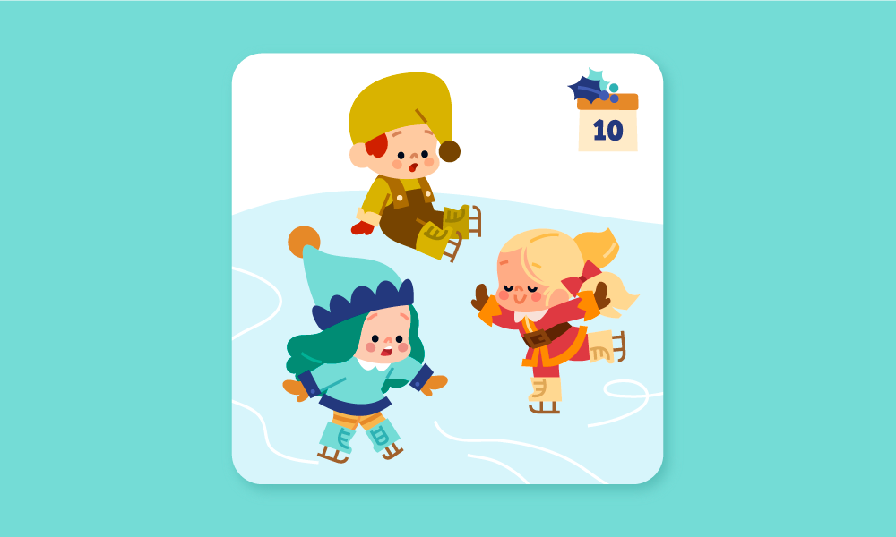 A colorful digital illustration of three adorable, cute Christmas elves characters ice-skating together