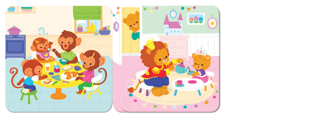 Children's book illustration by Teodora Oprea showing a family of cute monkey characters having breakfast in a kitchen and a family of lions having a tea party