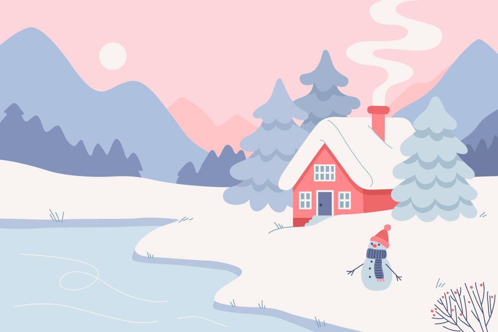 A winter background with a cabin and a snowman