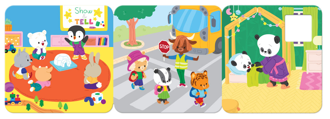 Toddler board book illustration with cute animals at preschool, learning how to cross the street and saying good night