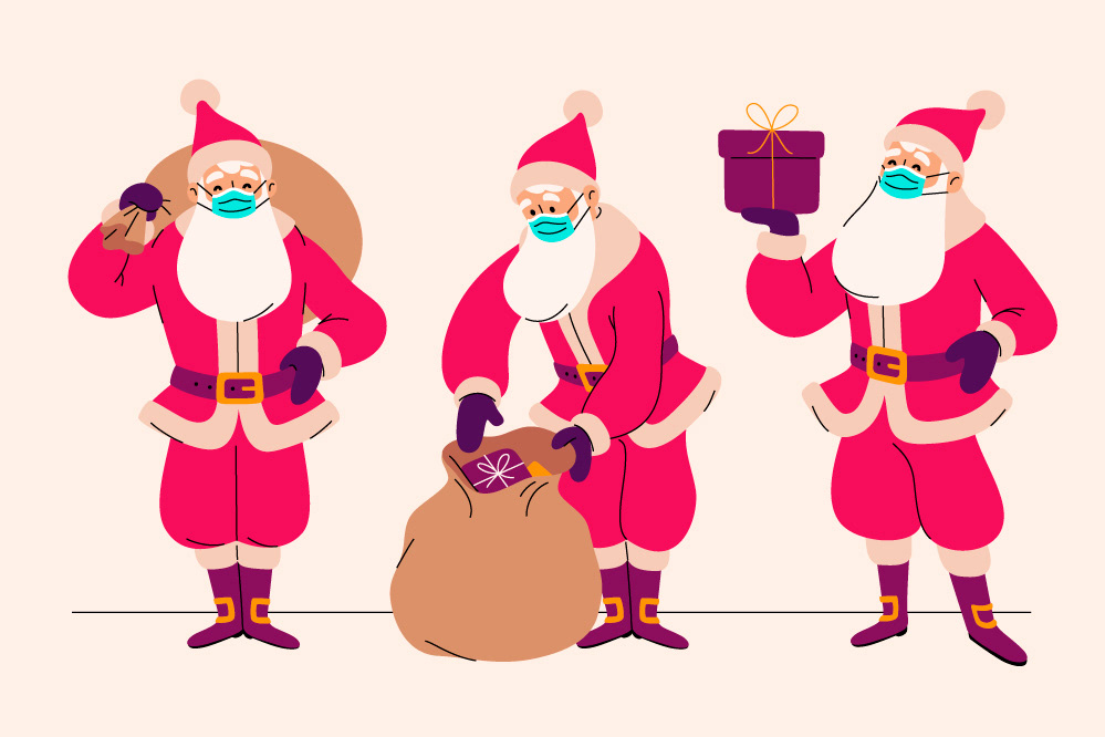 Illustrated Santa Claus character with face mask during the pandemic