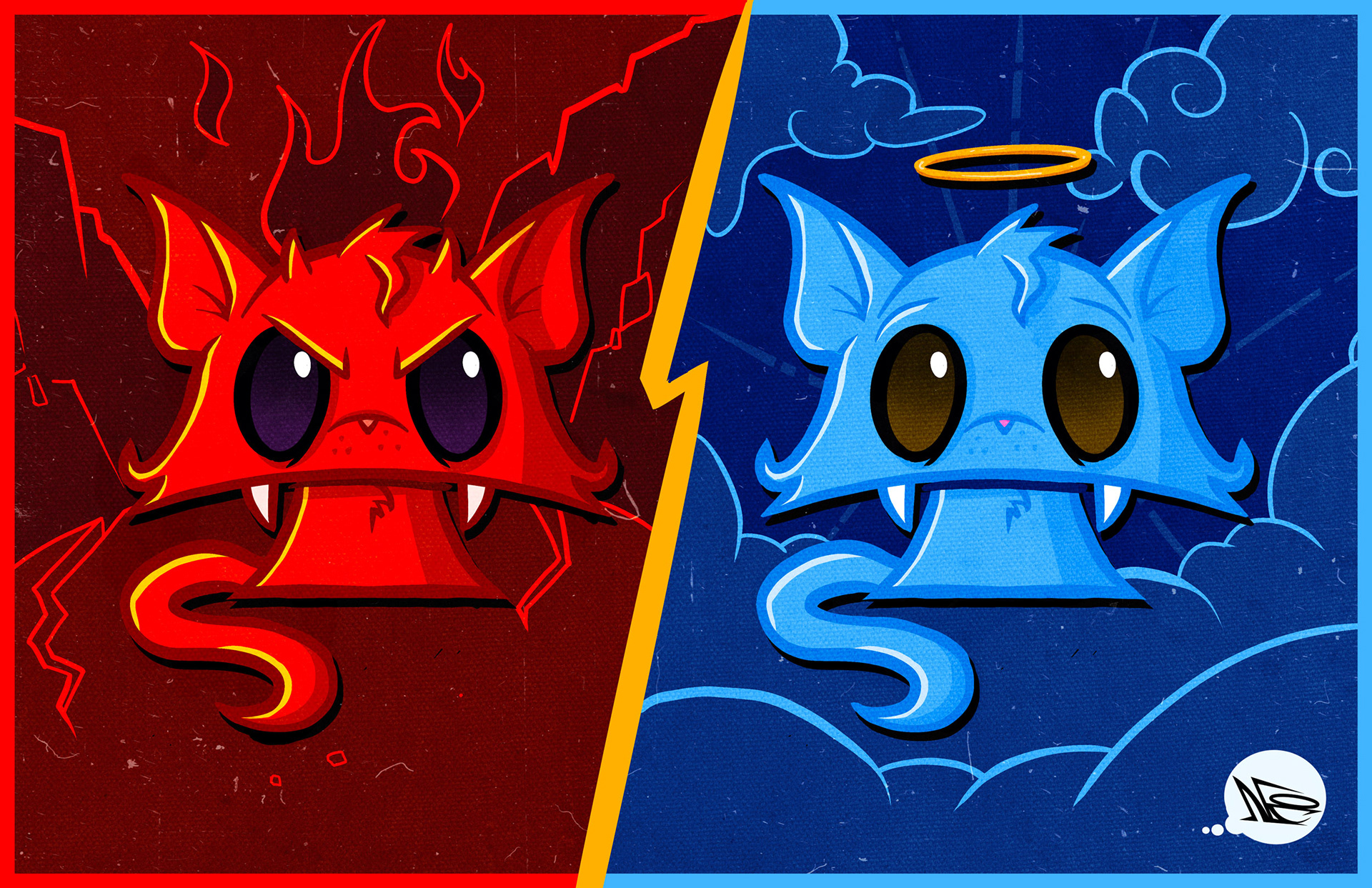 Evil vs Good Kittens created in Adobe Fresco.