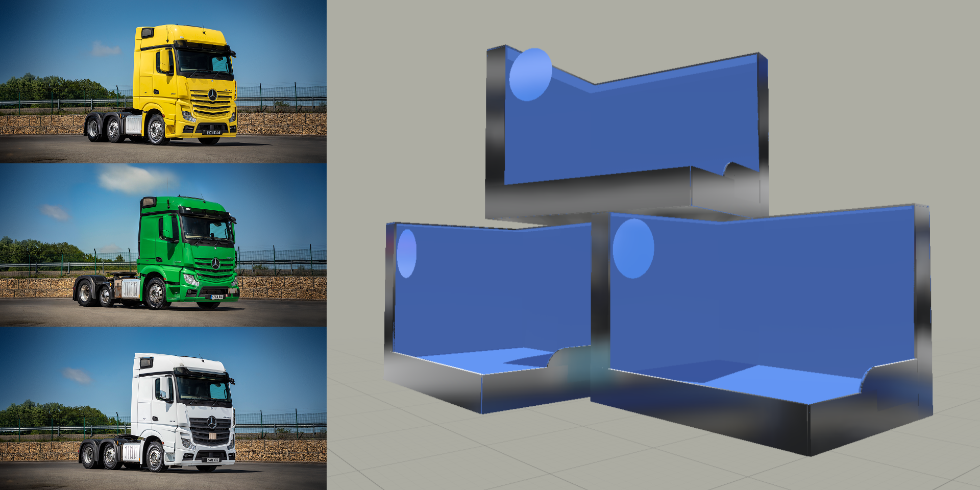 Custom 3D display structures developed in Adobe Dimension and refined in Photoshop to establish a consistent presentation system.