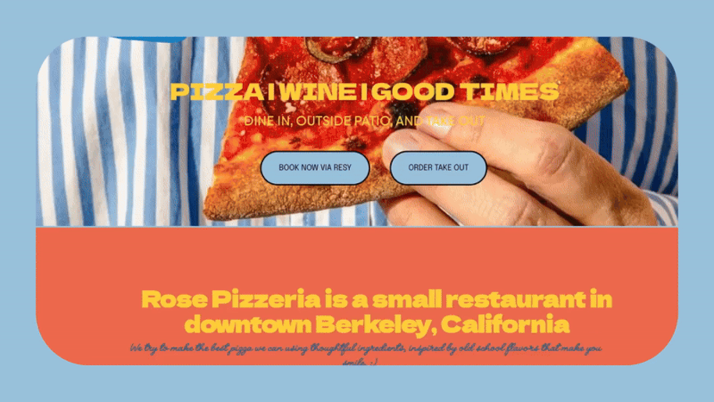 Rose Pizzeria | Website, hero image