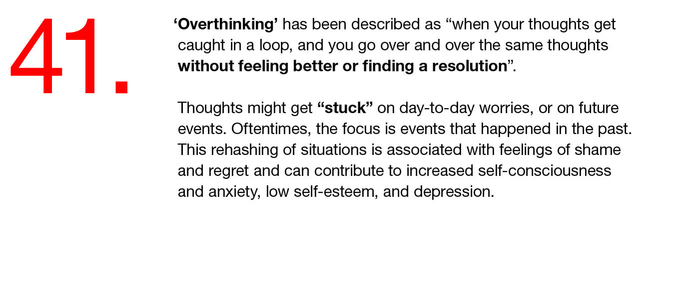 41. ‘Overthinking’ has been described as “when your thoughts get caught in a loop, and you go over and over the same thoughts without feeling better or finding a resolution”.  Thoughts might get “stuck” on day-to-day worries, or on future events. Oftentimes, the focus is events that happened in the past. This rehashing of situations is associated with feelings of shame and regret and can contribute to increased self-consciousness and anxiety, low self-esteem, and depression.