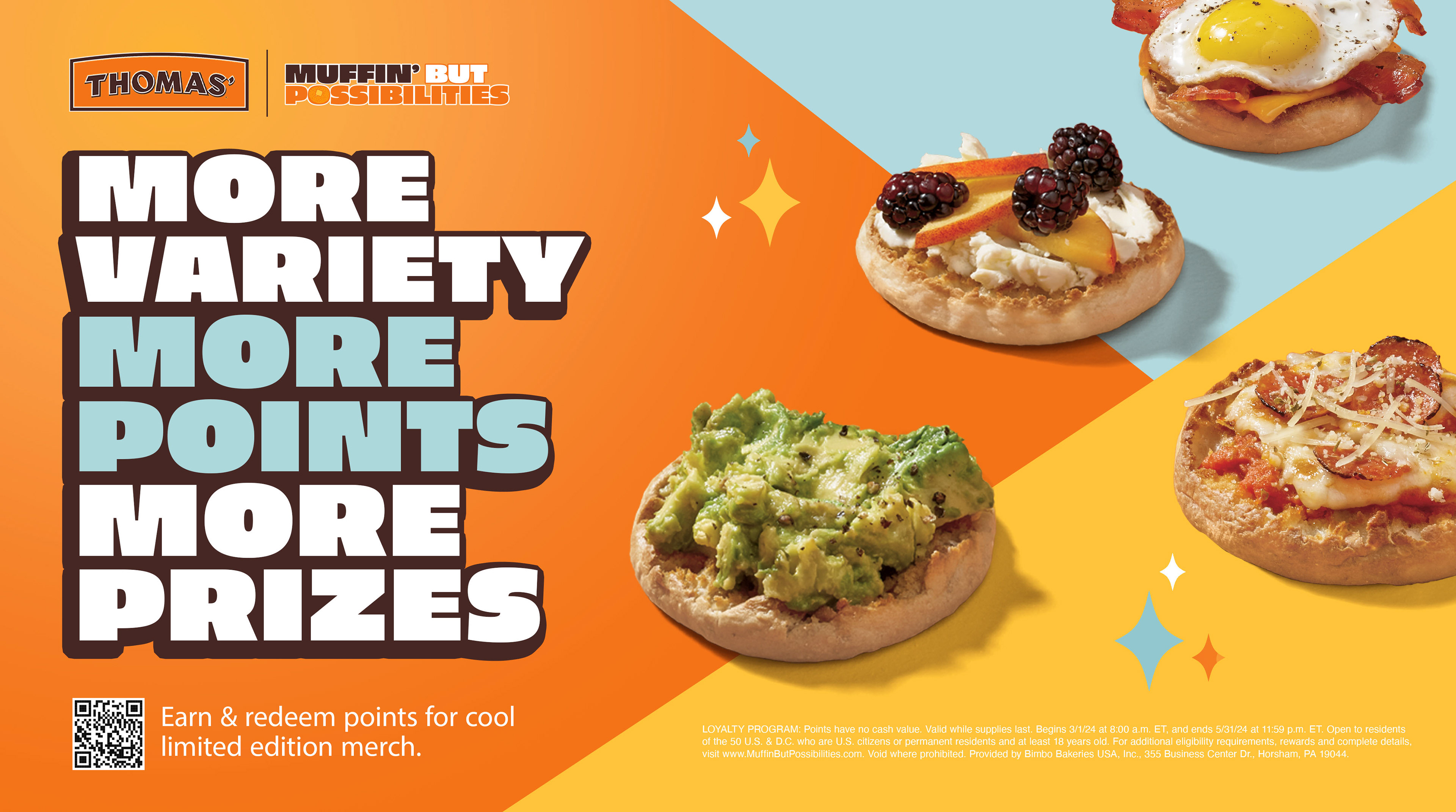 An orange banner for Thomas Bagels advertising a campaign for English muffins called "Muffin But Possibilities." The headline says "More Variety, More Points, More Prizes." There are photos of English muffins with different toppings.