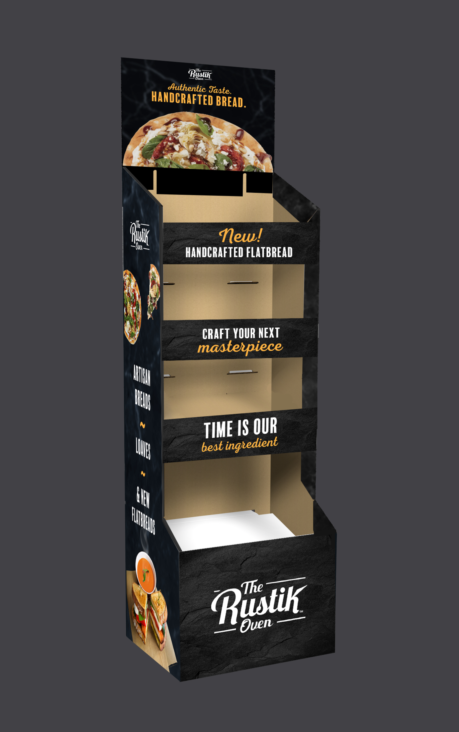 A mockup of a display for a new Rustik Oven product tested on the East Coast.