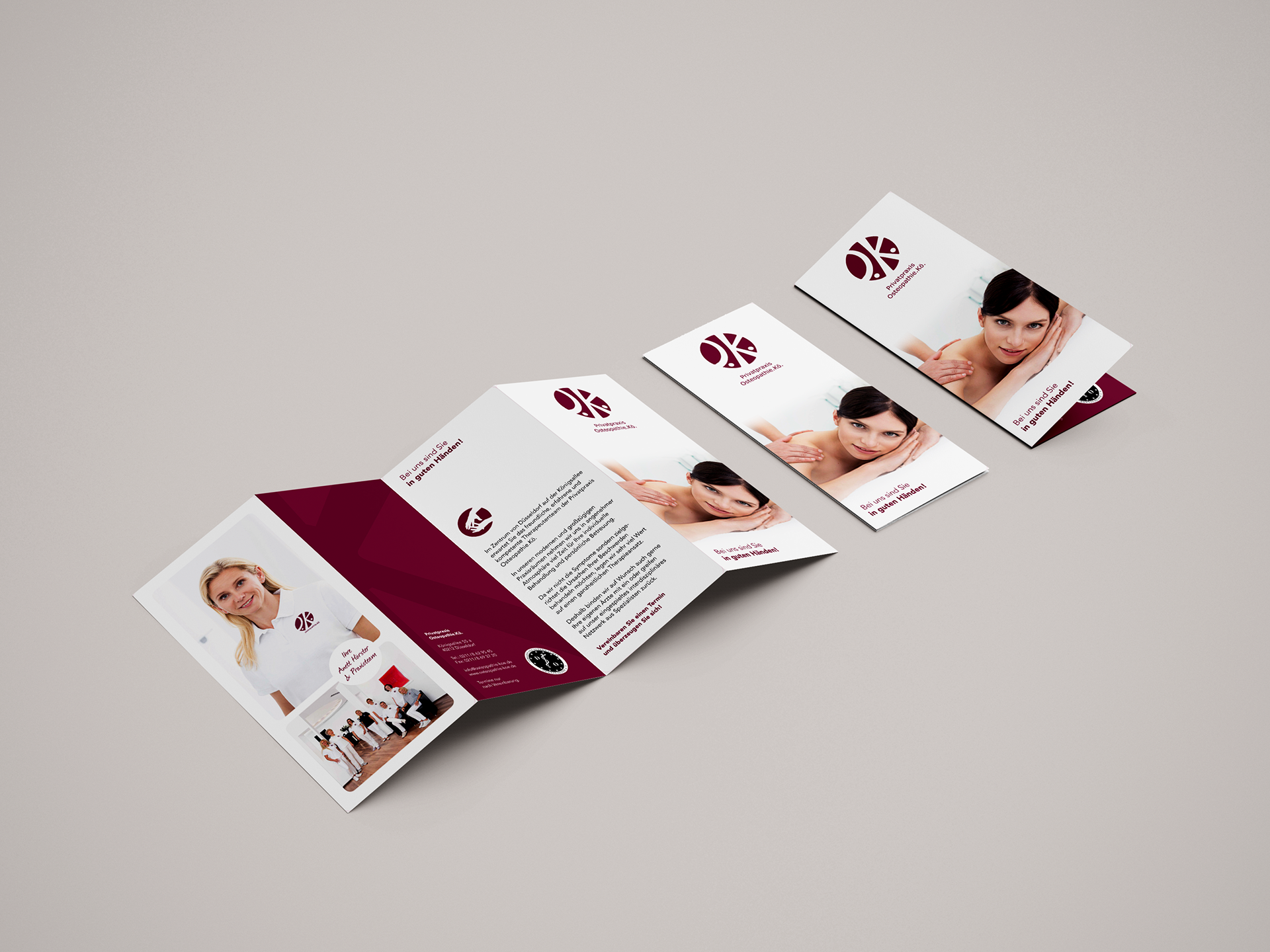 accordion fold flyer design inkl. photoshoot supervision for an osteopathy practice in Düsseldorf (whilst at Sommerprint Studio)