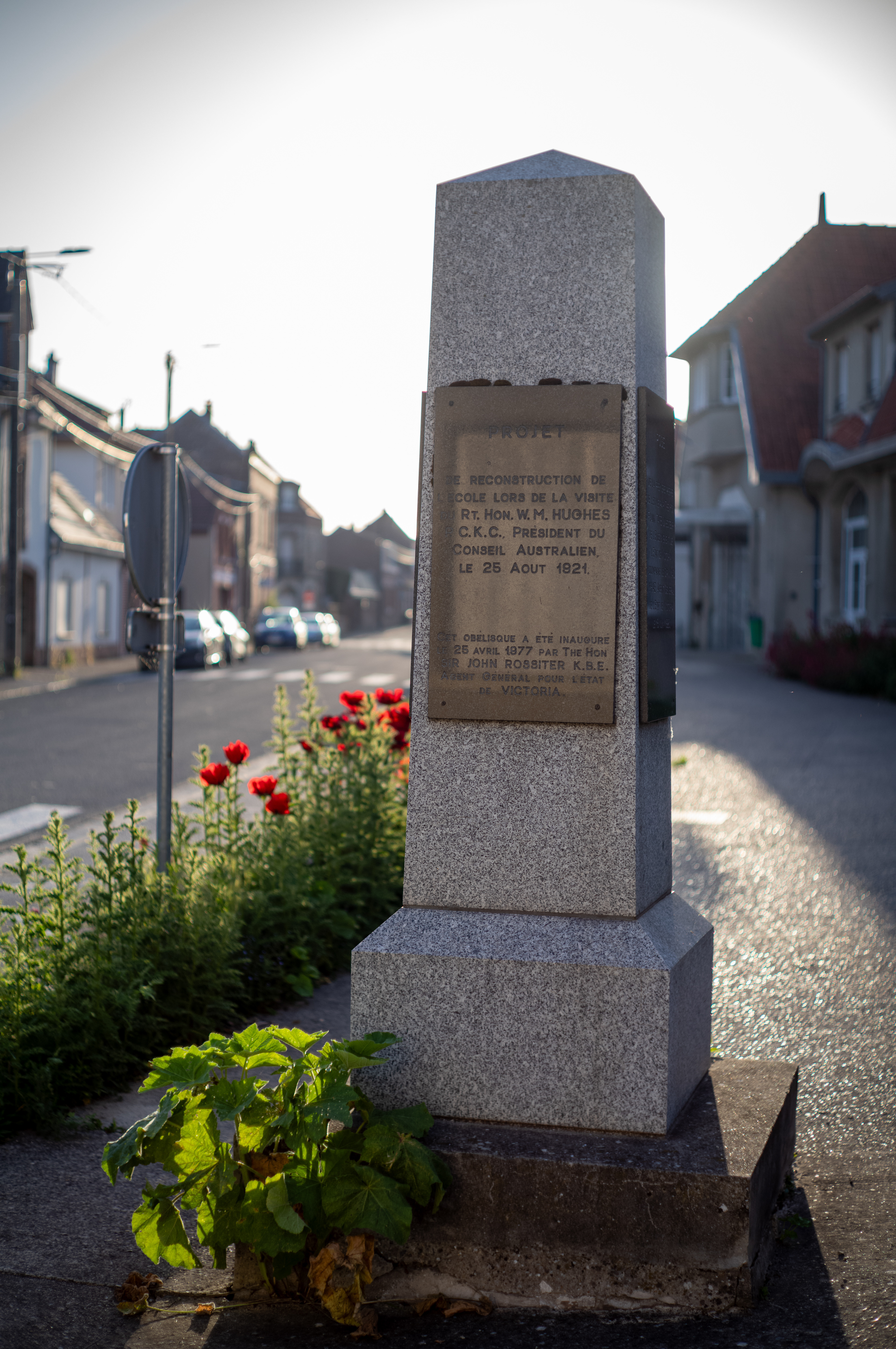 The reconstruction obelisk, on a street corner in Villers-Bretonneux, France, May, 2026 commemorating the reconstruction of Victoria School and the visit of Australian Prime Minister W.M. Hughes on 25 August 1921. Photo: Jon L Arthur