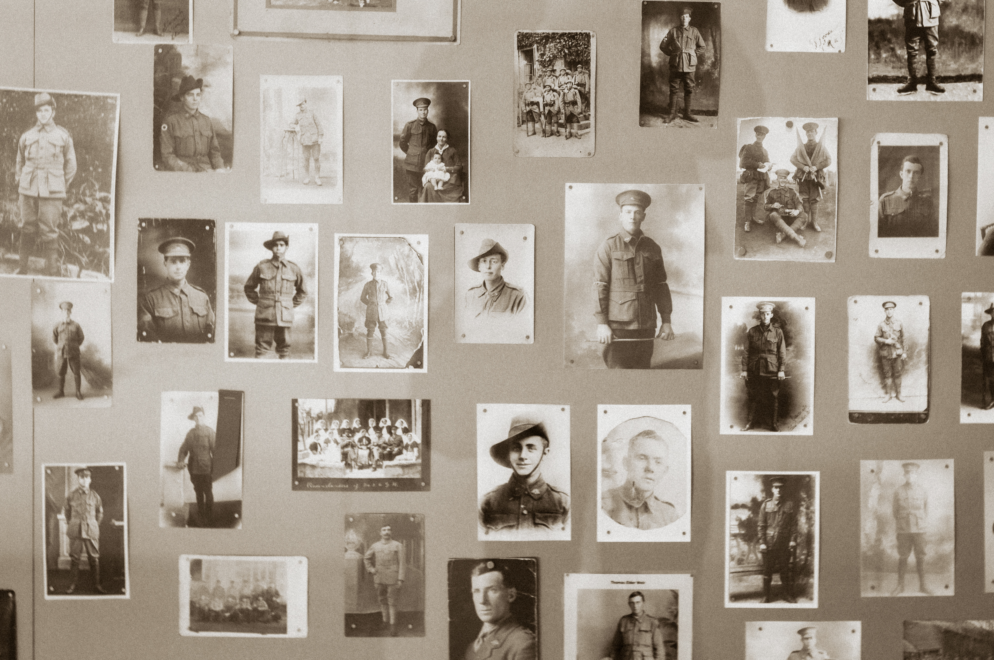 Archival portrait photographs of Australian soldiers displayed in the Musée franco-australien, Villers-Bretonneux, France. Photo: Jon L Arthur